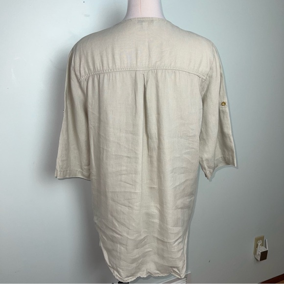Company Ellen Tracy Linen Blouse Women’s Large Sand Zip Front Roll Sleeve Top - Picture 9 of 13